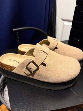 Beige Suede Slip-On Clogs with Buckle